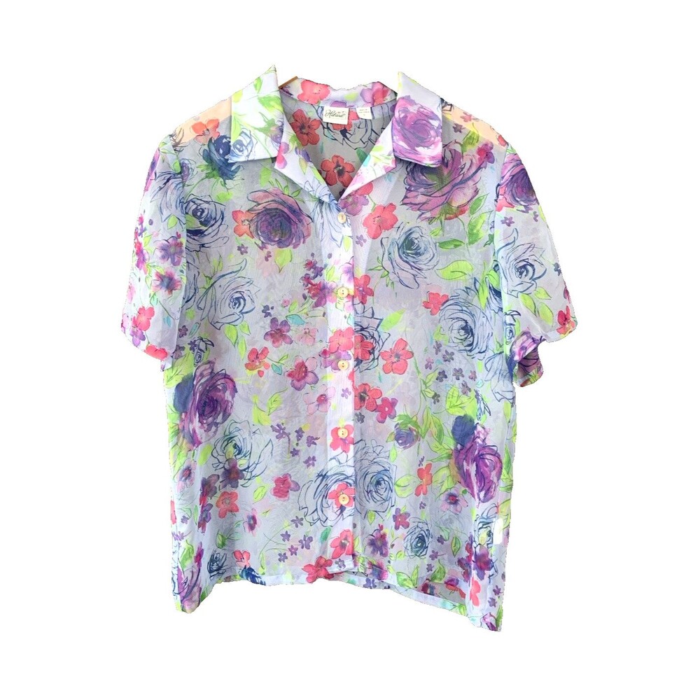 Vintage 80s Haband Button Up Blouse Large Multicolor Floral Sheer Cottage Granny